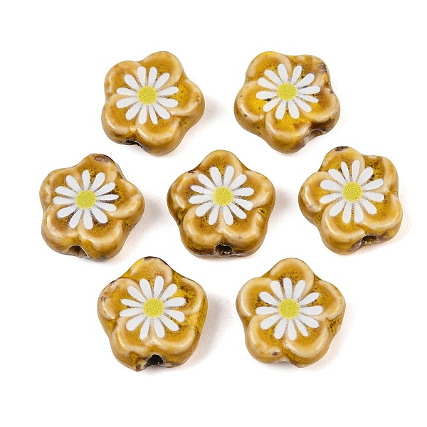 Glaze Daisy Flower Printed Porcelain Beads