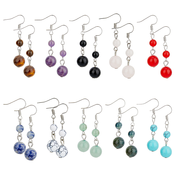 

PandaHall 10 Pairs 10 Style Natural Mixed Gemstone Round Beaded Dangle Earrings, Platinum Plated Iron Jewelry for Women, 43mm, Pin: 0.7mm, 1...