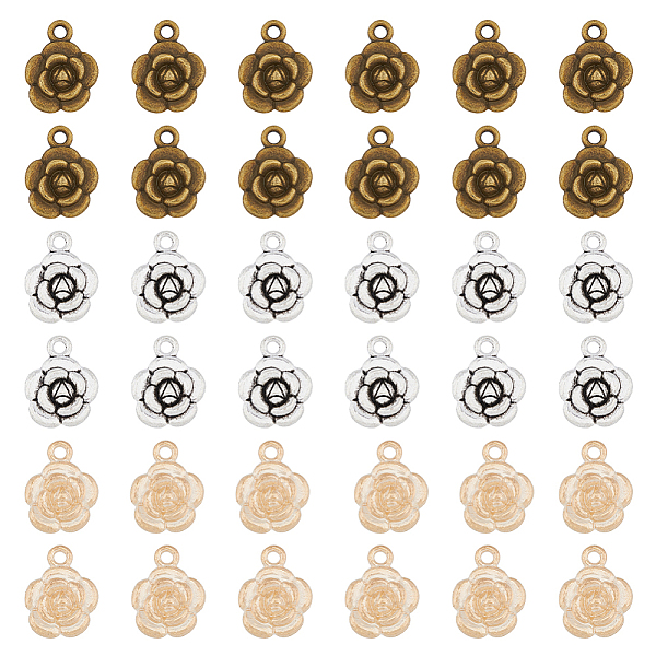 

PandaHall DICOSMETIC 90Pcs 3 Colors Tibetan Style Alloy Pendants, Rose Charms, Mixed Color, 15.5x12x4mm, Hole: 2mm, 30pcs/color Alloy Flower