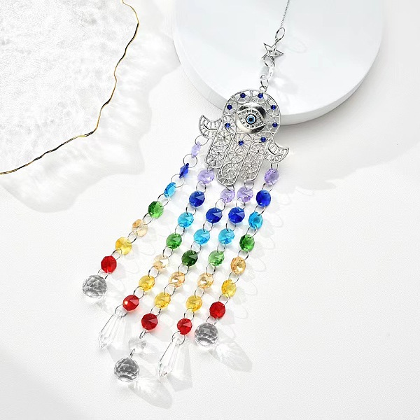 

PandaHall Hamsa Hand/Hand of Miriam with Evil Eye Alloy Pendant Decoration, Hanging Suncatcher, with Glass Teardrop/Cone Charm and Octagon...