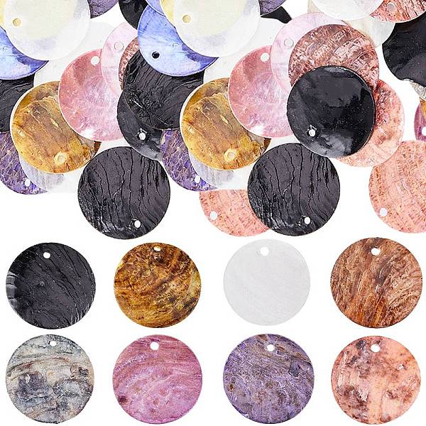 PandaHall SUNNYCLUE 160Pcs 8 Colors Spray Painted Natural Akoya Shell Pendants, Mother of Shell, Flat Round Charms, Mixed Color...