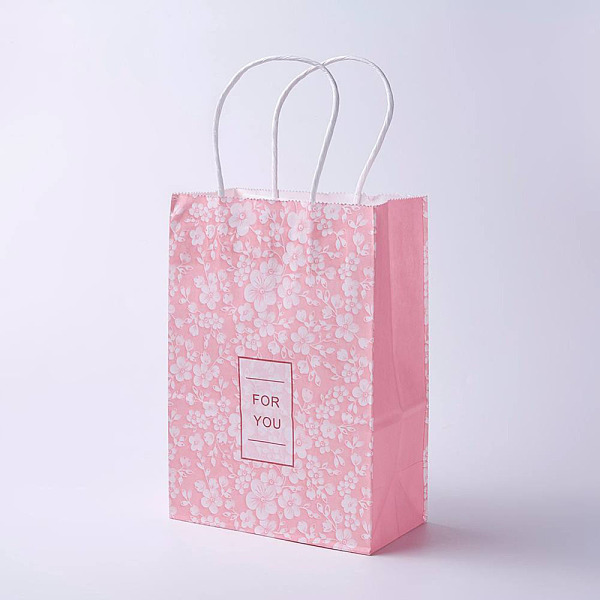 PandaHall kraft Paper Bags, with Handles, Gift Bags, Shopping Bags, Rectangle, Flower Pattern, Pink, 21x15x8cm Paper Flower Pink