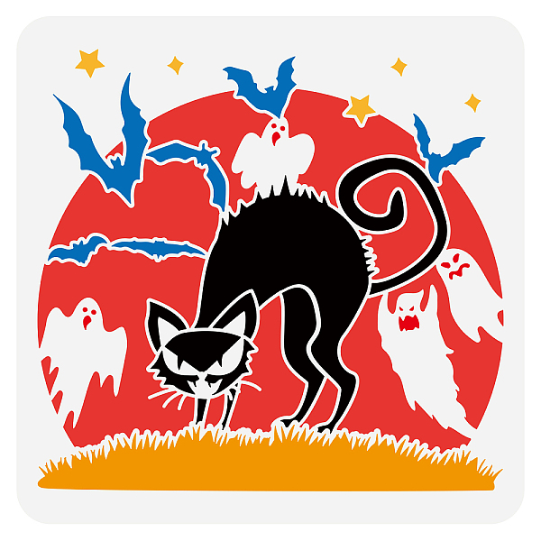 

PandaHall FINGERINSPIRE Halloween Cat Stencil 11.8x11.8 inch Black Cat Stencil Template Plastic Cat Bat Ghost Stars Patterns Stencil...