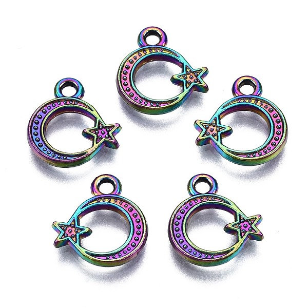 

PandaHall Alloy Charms, Cadmium Free & Nickel Free & Lead Free, Moon with Star, Rainbow Color, 12x11x1.5mm, Hole: 1.6mm Alloy Moon