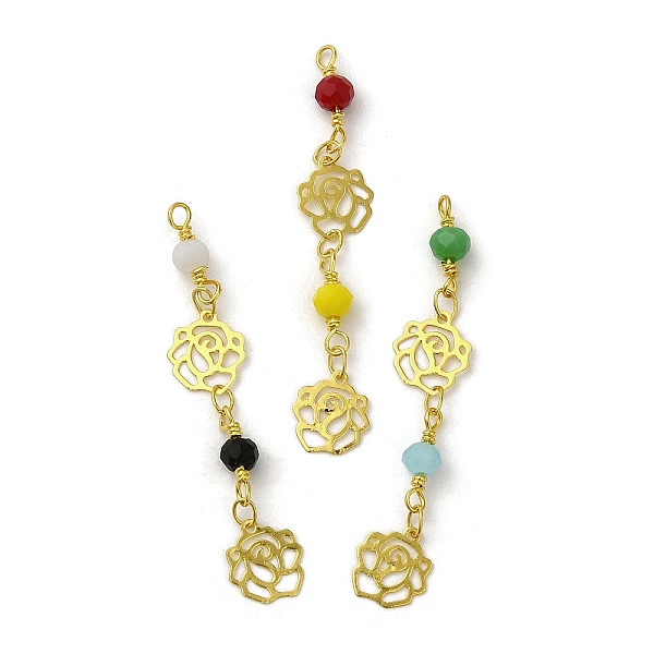 PandaHall Glass Beaded Pendants, with Real 18K Gold Plated Brass Loop, Rose Flower Charm, Mixed Color, 47x8x4mm, Hole: 1.6mm Brass+Glass...