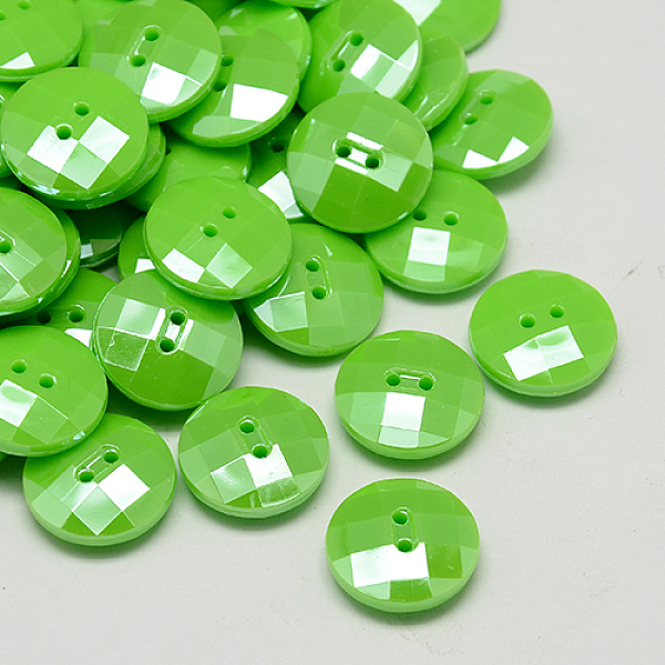 PandaHall Taiwan Acrylic Buttons, Pearl Luster, Faceted, 2-Hole, Flat Round, Spring Green, 13x4.5mm, Hole: 1mm Acrylic Flat Round Green