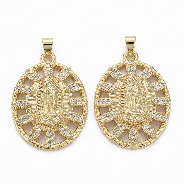 

PandaHall Brass Micro Pave Clear Cubic Zirconia Pendants, Nickel Free, Oval with Virgin, Real 16K Gold Plated, 33x24x5mm, Hole: 3x5mm...