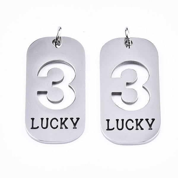 PandaHall 201 Stainless Steel Pendants, Laser Cut, with Jump Rings, Rectangle with Number and Word LUCKY, Stainless Steel Color, Num.3...
