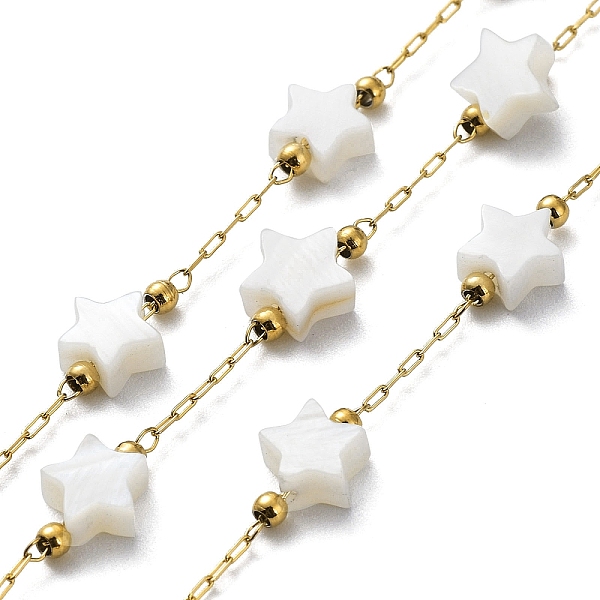 

PandaHall Natural Shell Star Beaded Link Chains, with Ion Plating(IP) Golden 304 Stainless Steel Paperclip Chains, Soldered, with Spool...