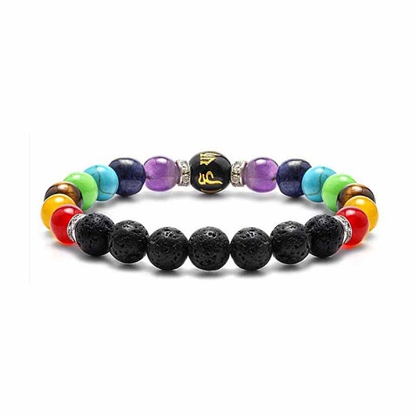 

PandaHall Chakra Theme Natural & Synthetic Mixed Gemstone Beaded Stretch Bracelets, Om Mani Padme Hum Jewelry for Women Lava Rock