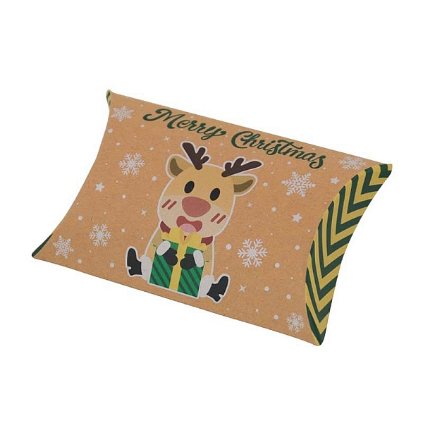 

PandaHall Christmas Theme Cardboard Candy Pillow Boxes, Cartoon Deer Candy Snack Gift Box, Sandy Brown, Fold: 7.3x11.9x2.6cm Paper Pillow
