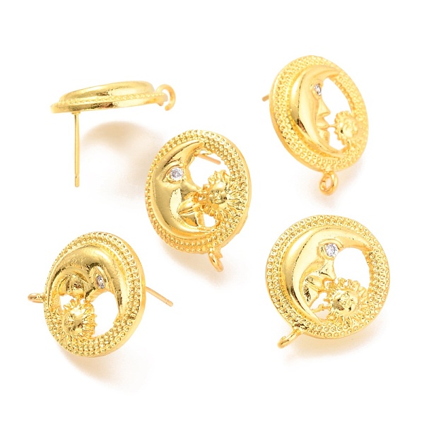 

PandaHall Brass Stud Earring Findings, with Loop, Micro Pave Cubic Zirconia, Moon and Sun, Clear, 23x18.5x4mm, Hole: 1.6mm, Pin: 0.7~1mm..., Gold