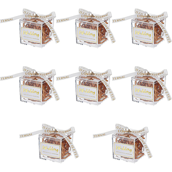 

PandaHall Square Transparent Acrylic Candy Gift Boxes, with Plastic Imitated Pearls Rhinestone Pendants, Sea Green Polyester Ribbon, Raffia...