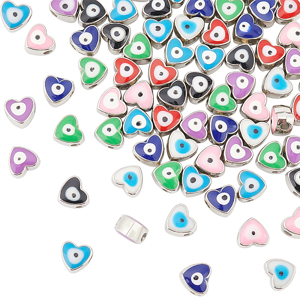 PandaHall DICOSMETIC 80Pcs 8 Colors Heart Shape Space Bead Evil Eye Beads Charm Enamel Heart with Blue Pupil Beads CCB Plastic European...