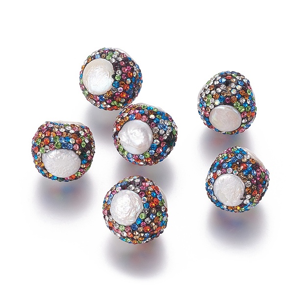 PandaHall Natural Pearl Beads, with Polymer Clay Rhinestone, Round, Colorful, 20~22mm, Hole: 1.6mm Pearl Round