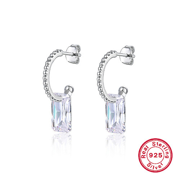 

PandaHall Rhodium Plated 925 Sterling Silver Half Hoop Earrings, Cubic Zirconia Rectangle Dangle Stud Earrings, with 925 Stamp, Platinum..., Clear