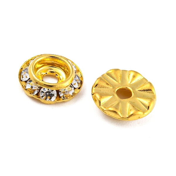 

PandaHall Brass Crystal Rhinestone Beads, Flat Round, Golden, 9x2.5mm, Hole: 1.6~2mm Brass+Rhinestone Flat Round Clear