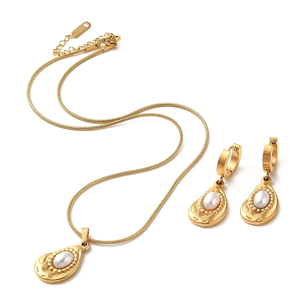 

PandaHall Teardrop 304 Stainless Steel Jewelry Set, Plastic Pearl Dangle Hoop Earrings and Pendant Necklace, Golden, Necklacces: 400mm;...