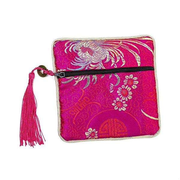 PandaHall Chinese Brocade Tassel Zipper Jewelry Bag Gift Pouch, Square with Flower Pattern, Medium Violet Red, 11.5~11.8x11.5~11.8x0.4~0.5cm...