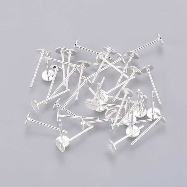 

PandaHall Stud Earring Findings, Lead Free and Cadmium Free, Brass Head and Stainless Steel Pin, Silver Color Plated, 12mm, 4mm Brass Others