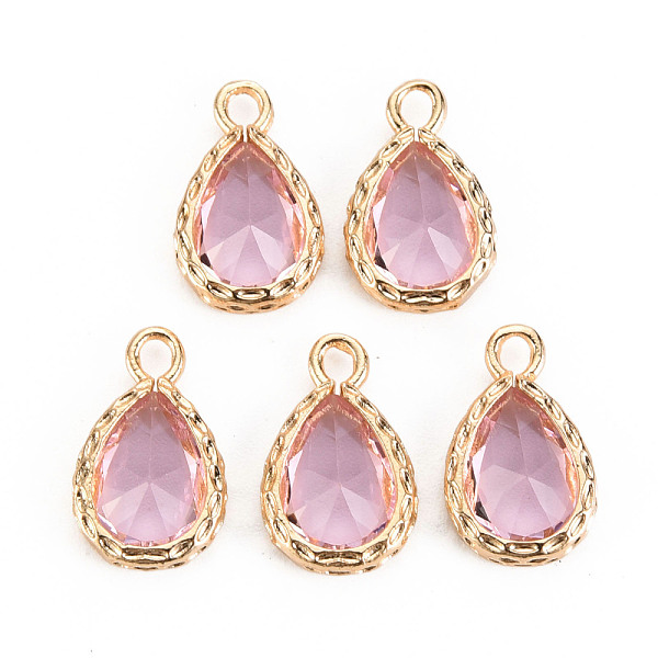 

PandaHall Glass Pendants, with Brass Findings, Faceted, Teardrop, Light Gold, Pink, 15x9x4.5mm, Hole: 1.8~2mm Brass+Glass Teardrop Pink