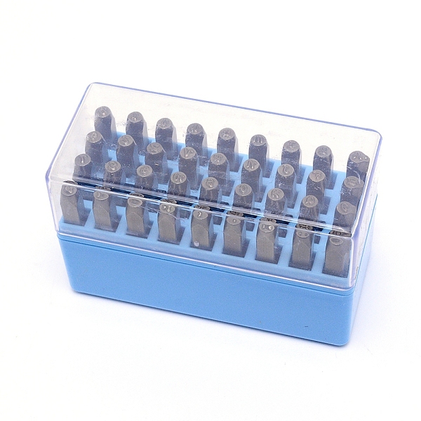 PandaHall Chromium Stamps, Including Letter A~Z and Number, Blue, 62x7x7mm, 36pcs/box Metal Blue