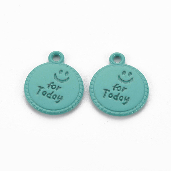 

PandaHall Spray Painted Alloy Pendants, Cadmium Free & Lead Free, Flat Round with Word For Today, Dark Cyan, 17x14x1.5mm, Hole: 1.8mm Alloy...