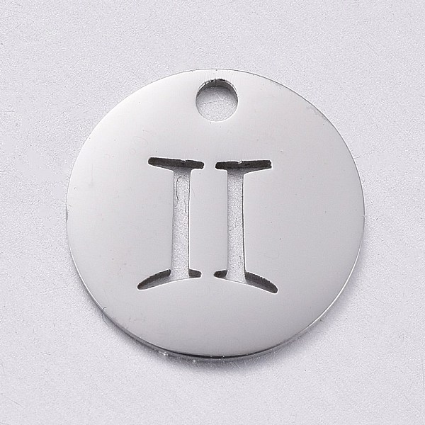 

PandaHall 304 Stainless Steel Charms, Laser Cut, Flat Round with Constellation, Hollow, Stainless Steel Color, Gemini, 10x1mm, Hole: 1.2mm...