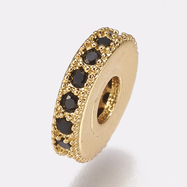 

PandaHall Brass Micro Pave Cubic Zirconia Bead Spacers, Flat Round, Black, Golden, 8x2mm, Hole: 3mm Brass+Cubic Zirconia Flat Round Black