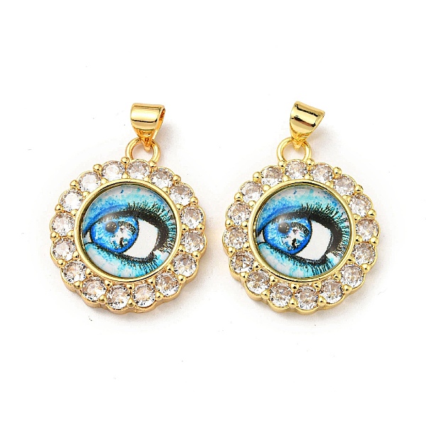

PandaHall Real 18K Gold Plated Brass Pendants, with Glass and Acrylic, Flat Round with Evil Eye Charms, Light Sky Blue, 23.5x20x7mm, Hole...