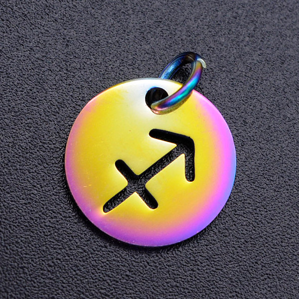 

PandaHall Rainbow Color Ion Plating(IP) 201 Stainless Steel Charms, with Jump Rings, Flat Round with Constellation/Zodiac Sign, Sagittarius...