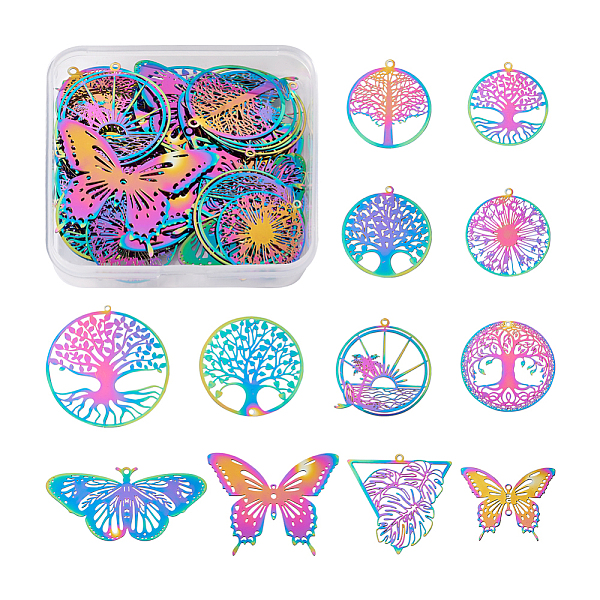 

PandaHall Biyun 48Pcs 12 Styles Ion Plating(IP) 201 Stainless Steel Filigree Pendants, Etched Metal Embellishments, Rainbow Color...