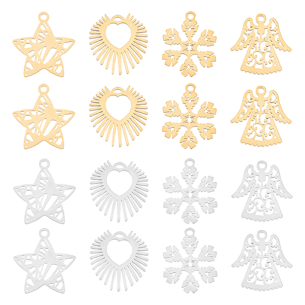 

PandaHall DICOSMETIC 16Pcs 4 Style 201 Stainless Steel Pendants, Laser Cut, Golden & Stainless Steel Color, 15.5~16.5x13.5~15.5x1mm, Hole...