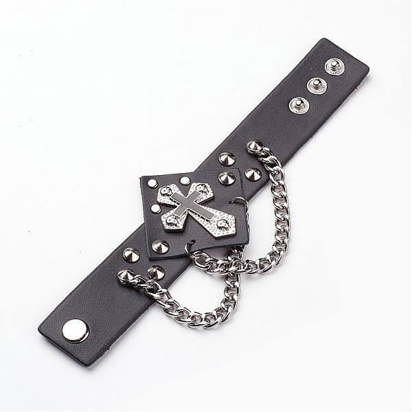 

PandaHall Punk Rock Style Cowhide Leather Rivet Bracelets, with Iron Twisted Chain and Alloy Findings, Enamel Cross, Black, 220x31x2mm(8-5/8...