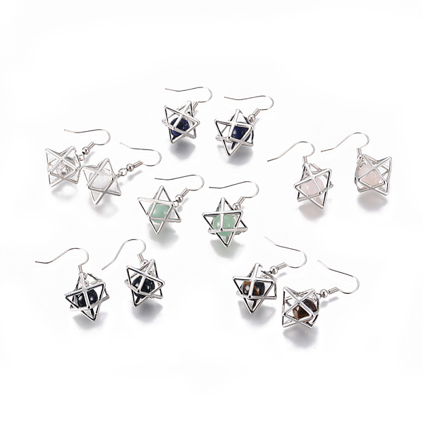 

PandaHall Natural Mixed Gemstone Dangle Earrings, with Brass Findings, Round Bead Inside, Geometry, 38mm, Pin: 0.7mm Mixed Stone