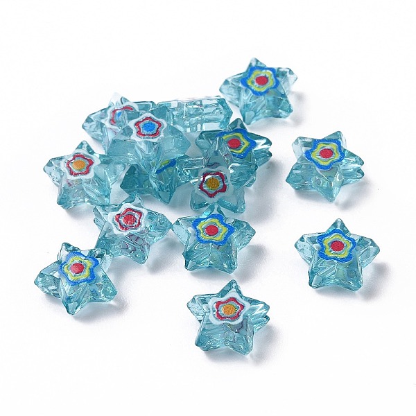 

PandaHall Printed Transparent Acrylic Beads, Star with Flower Pattern, Dark Turquoise, 9x10x4mm, Hole: 1.6mm Acrylic Star