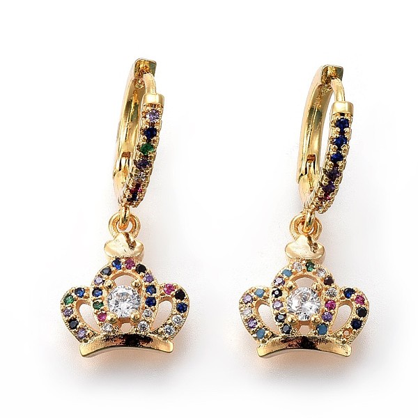 

PandaHall Brass Dangle Hoop Earrings, with Micro Pave Cubic Zirconia, Crown, Colorful, Golden, 27mm, Pin: 0.8mm Cubic Zirconia