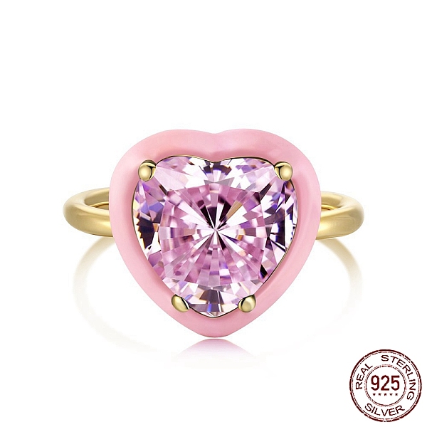 

PandaHall 925 Sterling Silver Finger Rings, Birthstone Ring, Real 18K Gold Plated, with Enamel & Cubic Zirconia for Women, Heart, Pink...