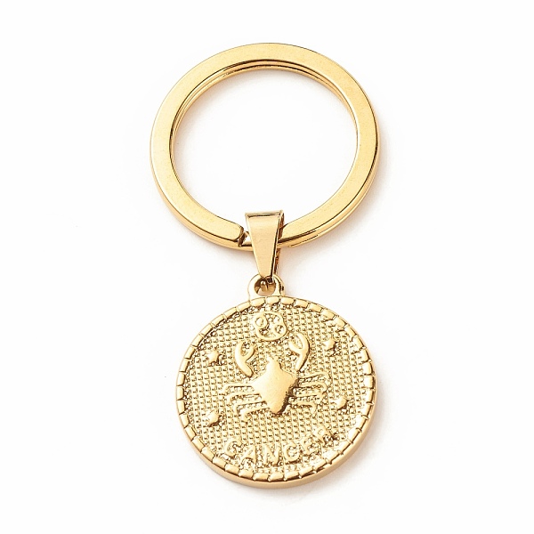 

PandaHall 304 Stainless Steel Pendants Keychain, with 304 Stainless Steel Split Key Rings, Flat Round with Twelve Constellations, Cancer...