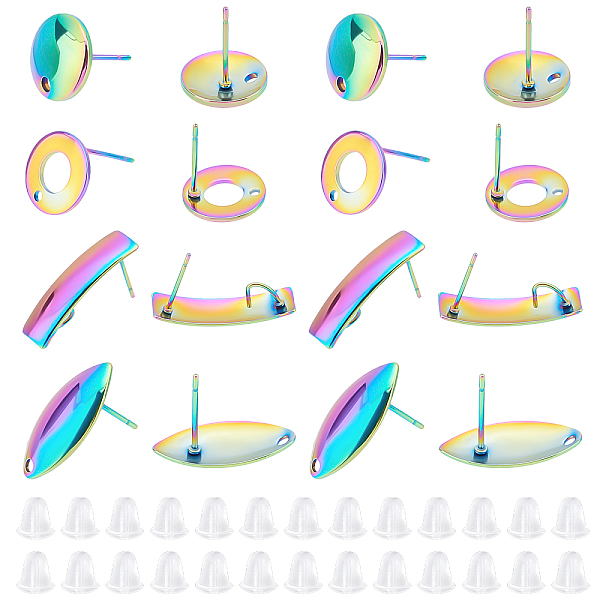 

PandaHall DICOSMETIC 40Pcs 4 Styles Rainbow Color Flat Round Stud Earrings Rectangle Horse Eye Stud Earrings Hollow Round Earring Posts with...