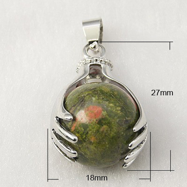

PandaHall Gemstone Pendants, with Brass Findings and Natural Unakite, Round, Platinum, Olive Drab, 27x18mm, Hole: 4x6mm Unakite Round Green