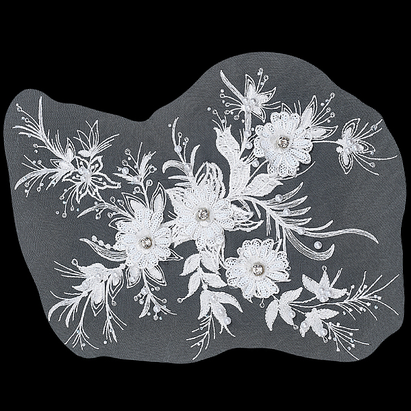 

PandaHall Polyester Embroidery Sew on 3D Flower Appliques, with Plastic Rhinestone, Sewing Craft Decoration for Wedding Dress, Cheongsam..., White