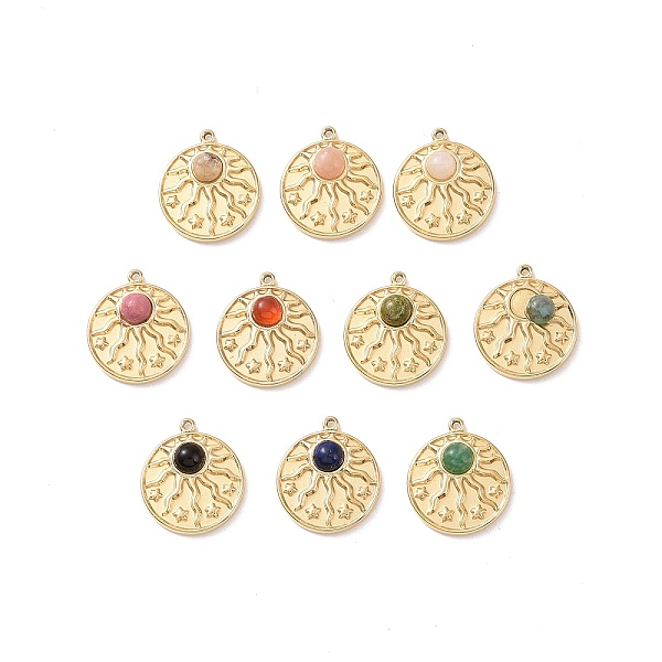 

PandaHall Natural Mixed Stone Pendants, with Ion Plating(IP) Real 18K Gold Plated 304 Stainless Steel Findings, Flat Round Charm...