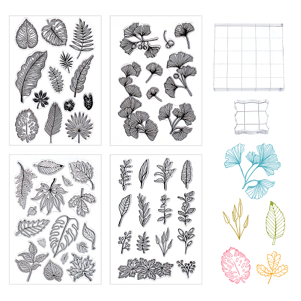 PandaHall GLOBLELAND 4 Sheets Leaves Clear Stamps with 2 Pieces Acrylic Stamp Blocks Transparent Silicone Stamps Set for Card Making Decor...