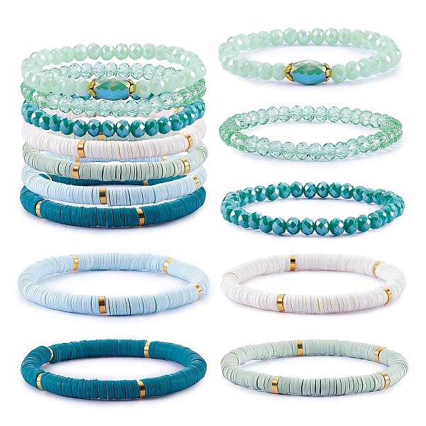 

PandaHall 7Pcs 7 Style Handmade Polymer Clay Heishi Surfer Stretch Bracelets Set, Glass Beads Bracelets, Stackable Preppy Bracelets for..., Green