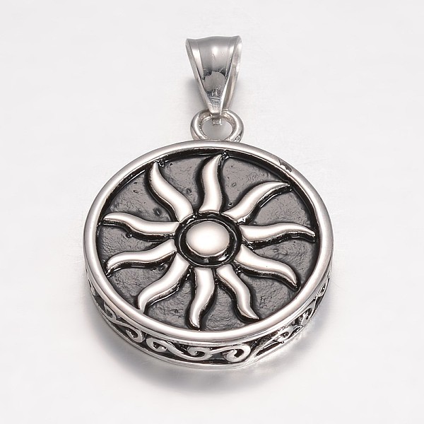 

PandaHall 304 Stainless Steel Pendants, Flat Round Carved Sun, Antique Silver, 33x27x5.5mm, Hole: 7.5x5mm 304 Stainless Steel Flat Round