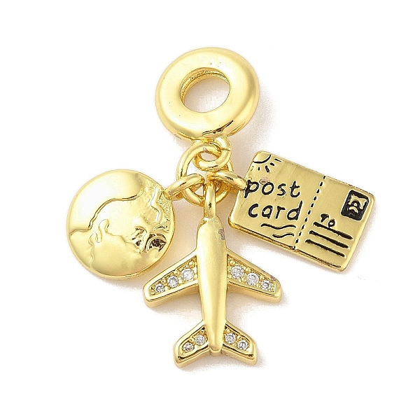 Rack Plating Brass Micro Pave Clear Cubic Zirconia Enamel European Dangle Charms, Earth & Plane & Post Card Large Hole Pendants, Cadmium Free & Lead Free, Long-Lasting Plated, Real 18K Gold Plated, 30mm, Hole: 4mm