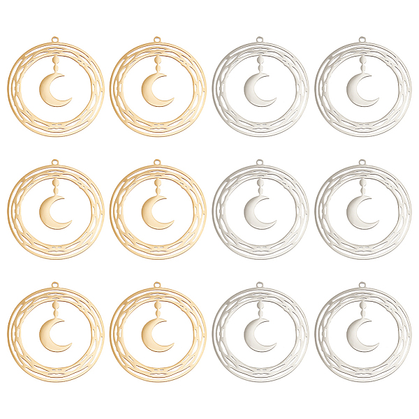 

PandaHall DICOSMETIC 12Pcs 2 Colors 201 Stainless Steel Pendants, Ring with Moon, Real Gold Plated & Stainless Steel Color, 33.5x31.5x1mm...