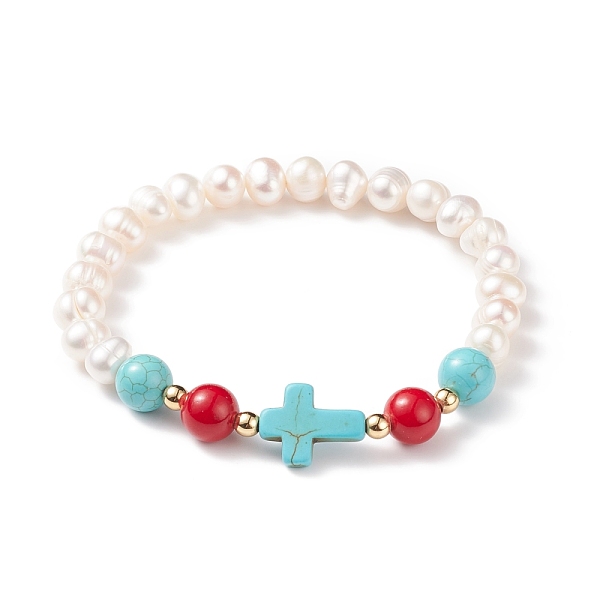 

PandaHall Synthetic Turquoise(Dyed) Cross & Natural Mashan Jade & Pearl Beaded Stretch Bracelet, Gemstone Jewelry for Women, Colorful, Inner...