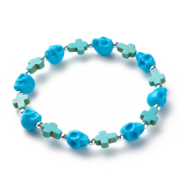 

PandaHall Synthetic Turquoise(Dyed) Cross & Skull Beaded Stretch Bracelet, Halloween Gemstone Jewelry for Women, Turquoise(Dyed), Inner..., Green
